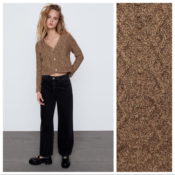 NWT. Zara Brown Jewel Button Knit Cropped Cardigan. Size M. - Picture 2 of 9